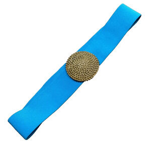 Vintage Wide Stretch Belt Brilliant Blue Massive Textured Goldtone Buckle 1980’s